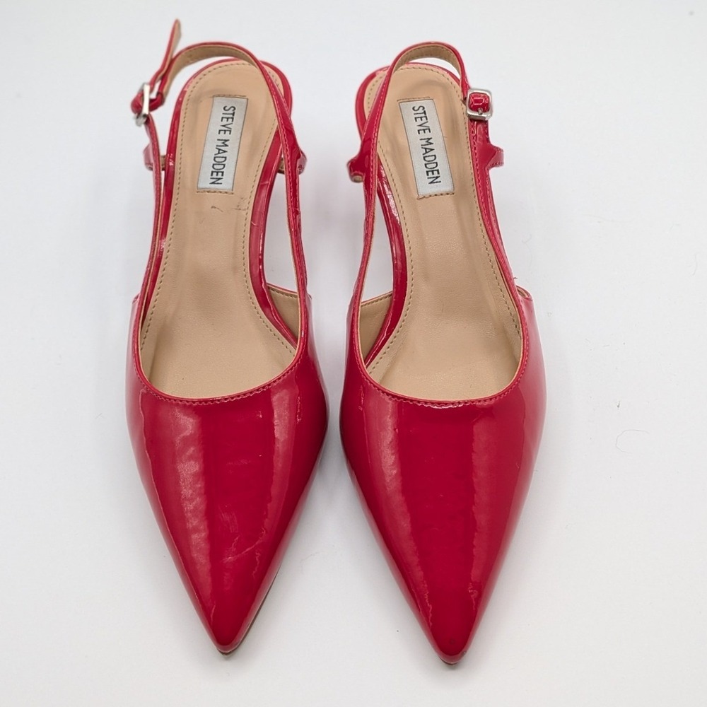 Steve Madden Size 7 $90 Red Patent Slingback Kitten Heels Pointed Toe Pumps - Picture 6 of 11